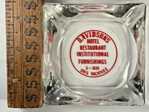 VTG 1940S DAVIDSONS HOTEL RESTAURANT DES MOINES IOWA ADVERTISING GLASS ASH TRAY - Picture 1 of 3