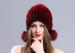 Invierno Mujeres Gorro Sombrero Piel Visón Tejido Gorra Con Orejeras Piel Pom Moda - Imagen 1 de 26