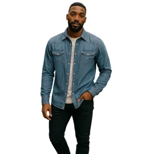 Cotton On Men's Shirt Size Medium Blue Long Sleeve Snap Button Casual Dress - Picture 1 of 12