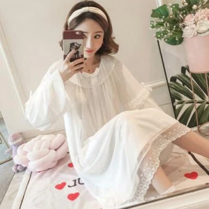 Women Cotton Nightdress Girl Sleep Dress Long Sleeve Nightwear Princess Pajamas - Picture 1 of 4