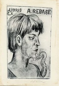 Enfermera médica y serpiente, impresión artística vintage Ex libris de Valdur Vallak, Estonia - Imagen 1 de 2