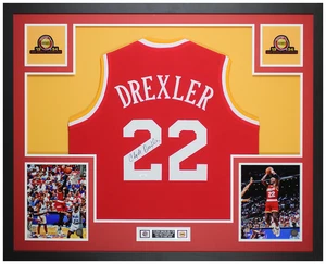 Clyde Drexler Autographed & Framed Red Houston Jersey Auto JSA COA - Picture 1 of 5