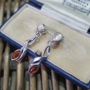 925 Sterling Silver Earrings, Cat's Eye Moonstone And Baltic Amber Celtic Dangle - Picture 1 of 6