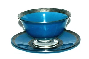 Vintage Art Deco Blur Glass with Sterling Silver Overlay Desert Set Cup Saucer - Picture 1 of 11