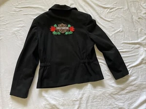 Harley-Davidson Womens Wool Black Jacket With Red Rose Embroidery Zip Closure Ur - Picture 1 of 8