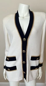 ST JOHN White & Blue Women’s Cardigan Sweater Gorgeous Buttons Size 2 - Picture 1 of 16