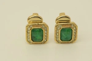 Authentic Christian Dior Clip On Earrings Green Gemstone Rhinestone GP Jewlery - Picture 1 of 10