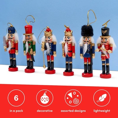 6 Christmas Tree Wooden Nutcracker Soldier Decorations Tree Hanging Baubles 8cm - Image 1 of 4