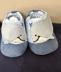 ROBEEZ Infant Baby Boys Whale Shoes Blue & Gray Soft Leather Shoes Sz 6- 12 Mo. - Picture 1 of 5