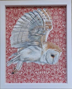 Original flying barn owl picture painting William Morris art Nouveau fabric - Picture 1 of 10