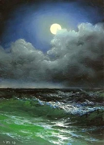 65 - 5"x 7" ORIGINAL LEINWAND KUNSTDRUCK MEERESLANDSCHAFT Mond Nacht Wellen Raues Meer - Bild 1 von 1