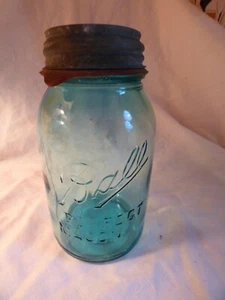 Vintage Ball Perfect Mason Blue Round Glass Quart Canning Jar w zinc lid bubbles - Picture 1 of 5