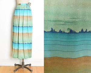 vintage 70s skirt art deco city novelty print blue green long maxi coverup M - Picture 1 of 9