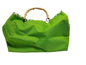 Clinique Tote Bag Green White Handbag Wooden Bamboo Style Handel Lightweight - Picture 1 of 4