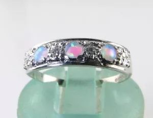 9K 9CT WHITE GOLD OPAL DIAMOND ART DECO INS ETERNITY BAND STAR RING FREE RESIZE - Picture 1 of 7