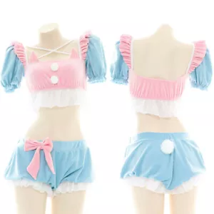 Japanese Lolita Girls Womens Cosplay Costume Maid Sleepwear Cute Bow Nightwear - Picture 1 of 6