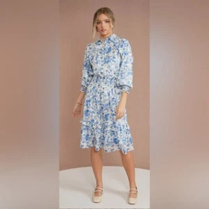 Vestido midi Udel NY blanco azul floral ajustado XL NUEVO CON ETIQUETAS - Imagen 1 de 12