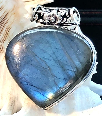 LARGE 1 1/2" Wide Fiery Blue Labradorite Pendant Slide Pear .925 Sterling Silver - Imagem 1 de 4