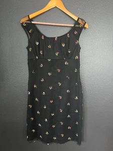 90s Juniors Mesh Dress Black Embroidered Dainty Flowers Lettuce Hem Milk Maid - Picture 1 of 11