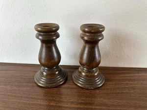 Pair Of Vintage Wood Short Candlestick Holders MCM Farmhouse Cottage 4.5” - Picture 1 of 5