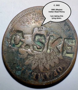 COOL, RARER COUNTER STAMPED INDIAN HEAD PENNY: C. SKE on Obverse, Date Obscured - Picture 1 of 8