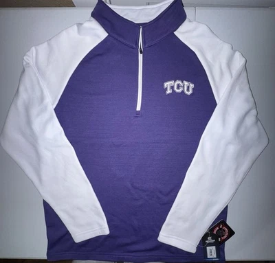 Pullover TCU Horned Frogs para hombre mediano cuarto cremallera polar bordado púrpura NUEVO Foto 1 de 4