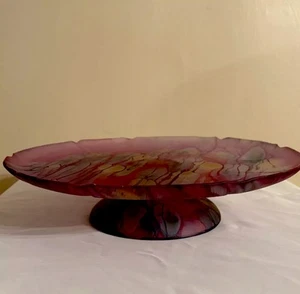 VTG Rueven Nouveau Art Stained Satin Scalloped Glass Pedestal Cake Stand 13"D - Picture 1 of 24