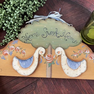 Vintage Wooden Home Sweet Home Goose Sign Wall Decor Geese Folk Art Cottagecore - Image 1 of 4