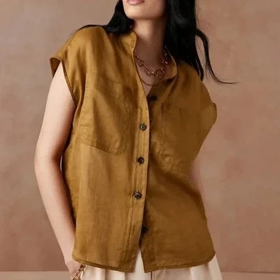 Top Banana Republic para mujer talla Petite S Ramie mostaza oscura utilitario safari cuadrado  Foto 1 de 4