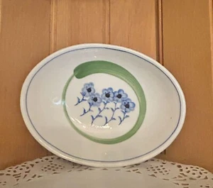 Vintage Hand-Painted Oval Ceramic Dish Blue Floral Green Accent Soap Dish Small - Picture 1 of 4