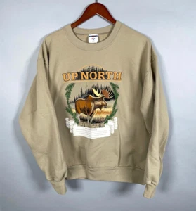 VTG Up North Woodland Moose Print Sweatshirt Adult Large Beige Jerzees 50/50 Tag - Picture 1 of 11