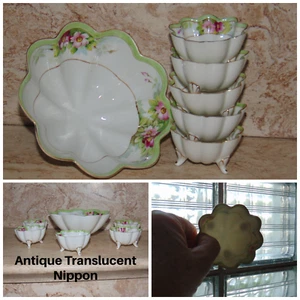 Antique NIPPON Porcelain Nut Bowl Set Of 6 Handpainted Gilded Footed Scallop Rim - Picture 1 of 14