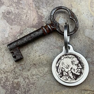 Stainless Steel Key Chain Vintage Indian Head Nickel 5 Cents Antiqued Finish - Picture 1 of 4