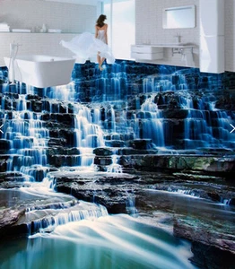 3D Waterfall Blue Rock Floor Mural Photo Flooring Wallpaper Print Home Wall Deca - Picture 1 of 8
