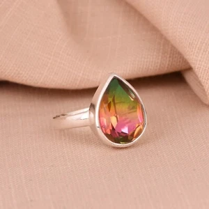 925 Sterling Silver Pear Cut Mystic Quartz Gemstone Engagement Ring Gift For Her - Picture 1 of 8