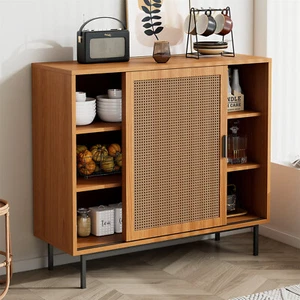 Sideboard mit Rattangeflecht 3 Ebenen 2 Türen Küchenschrank Wohnzimmer Esszimmer - Bild 1 von 12