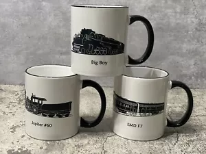 M Ware Coffee Cups / Mugs Train Black Silhouette Jupiter #60, Big Boy, EMD 17 - Picture 1 of 7