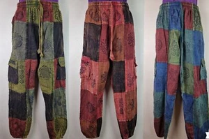 S-5XL UNISEX PATCHWORK Cotton Trouser Hippy Boho Pant Combat Wide Festival HT26 - Picture 1 of 7