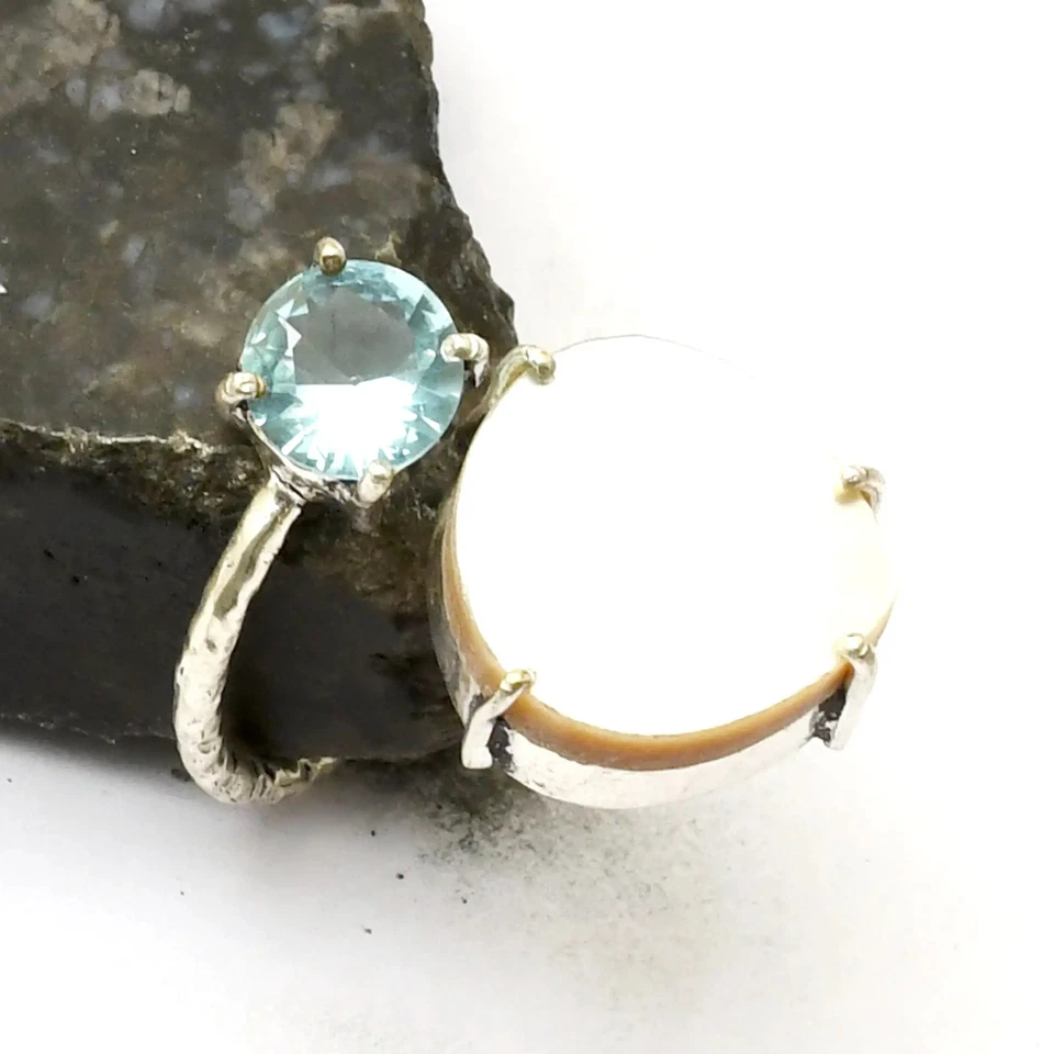 Anillo hecho a mano con piedras preciosas de topacio azul madreperla talla 9 de EE. UU. AR 39988 Foto 1 de 1