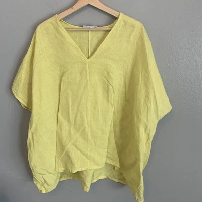 Túnica Bryn Walker para mujer XL 100 % lino top amarillo cuello en V de gran tamaño Lagenlook EE. UU. Foto 1 de 4