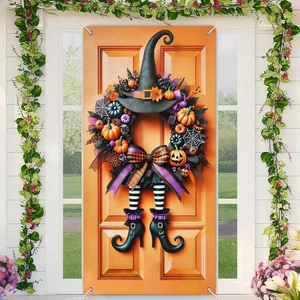 Halloween Witch Wreath Door Cover 71X35 Inch Holiday Front Porch Door Banners De - Picture 1 of 7