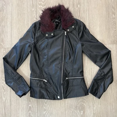 Vegan Black Leather Motorcycle Jacket Purple Faux Fur Size S Y2K Penny Lane - Image 1 of 4