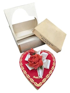 VTG Fannie May 10" Red Suede Paper Heart Flocked Felt Roses Satin Box Outer Box - Picture 1 of 17