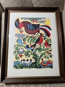 Stunning J Schucker? "Birds In Tree Folk Art Scene" Watercolor Painting - Framed - Picture 1 of 17