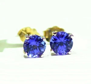 1.05CT 14K Gold Natural Round Cut Tanzanite Stud Engagement Earrings Vintage - Picture 1 of 4