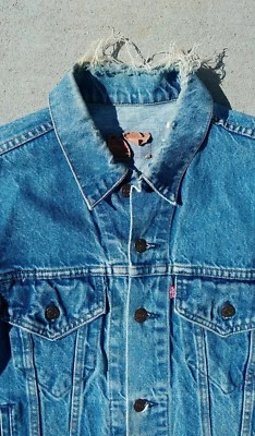 Chaqueta de Trabajo Jean Levis Denim Usado Desgastado De Colección Punk Rock Motocicleta M Foto 1 de 4