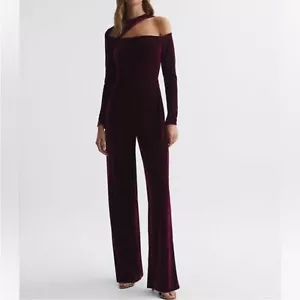 NUEVO CON ETIQUETAS REISS ADELE Terciopelo Fuera del Hombro Mono Berry Talla 10 - Imagen 1 de 5