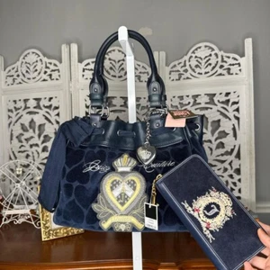 Juicy Couture Daydreamer Bag Navy Blue Velour and Wallet Set - Picture 1 of 8