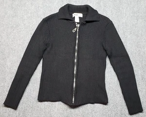 Kikit Sweater Womens M Black Solid Full Zip Stones Long Sleeve Cotton Knit New - Picture 1 of 10