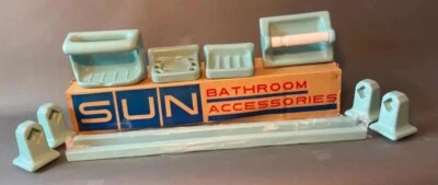 Vintage Sun Japan 10pc. MCM Turquoise Blue Tile-In Bathroom NOS Accessory Set - Image 1 of 4